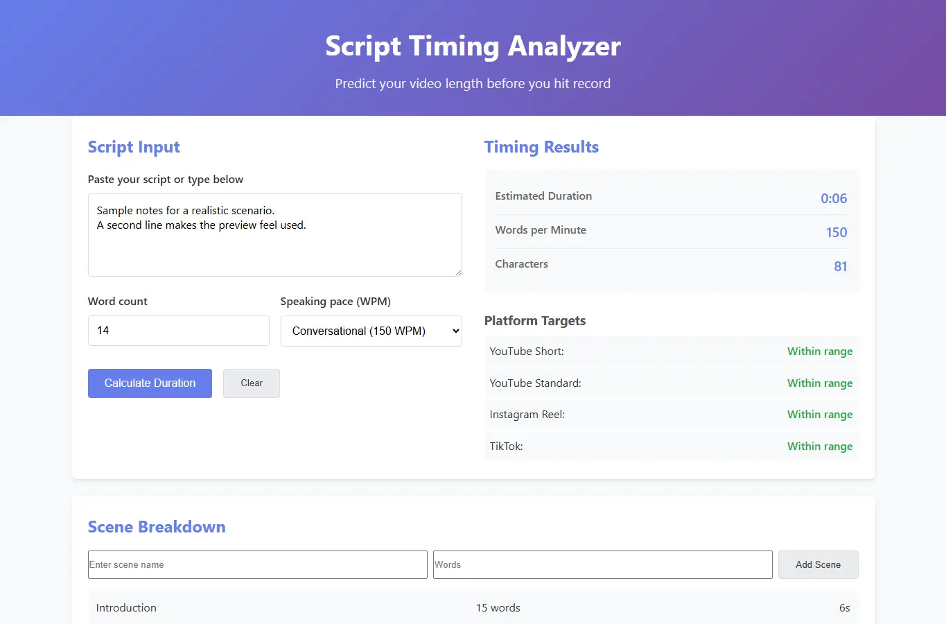Screenshot of Script Timing Analyzer interface showing the project page in use